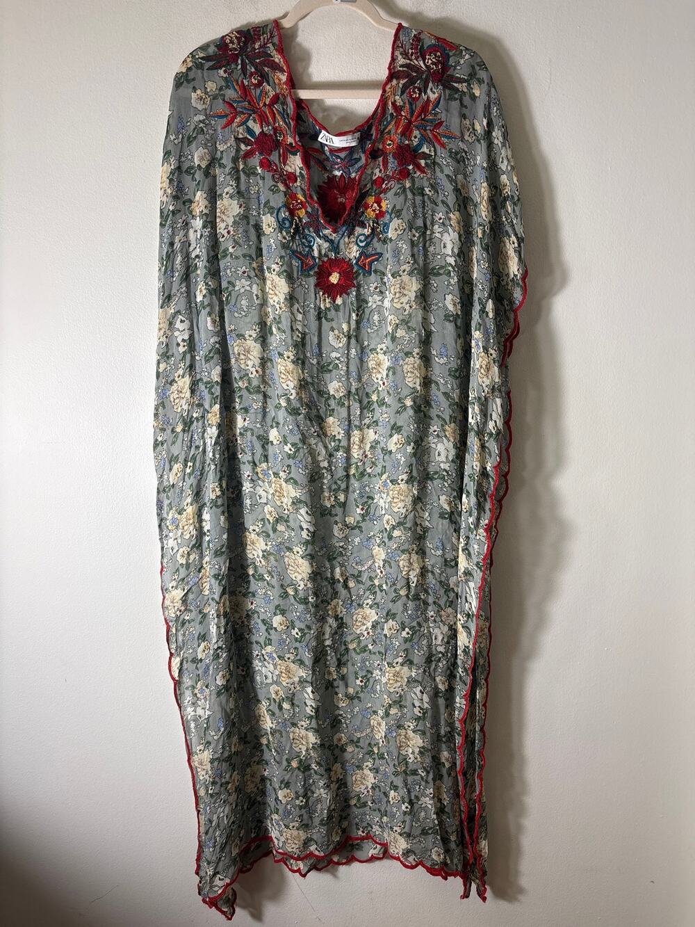 Zara Sage Green Floral Midi Tunic Dress Sz M
